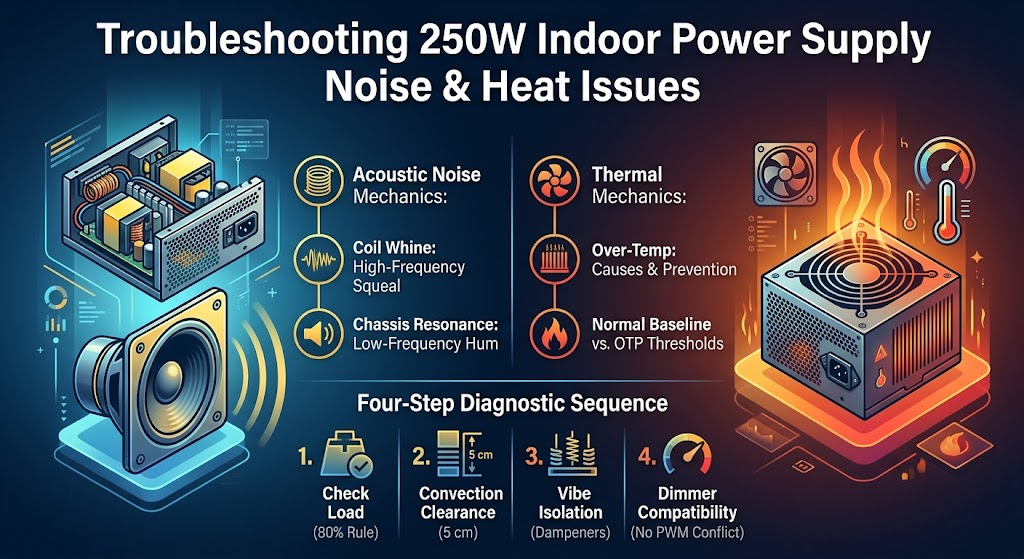 Troubleshooting 250W Indoor Power Supply Noise and Heat Issues
